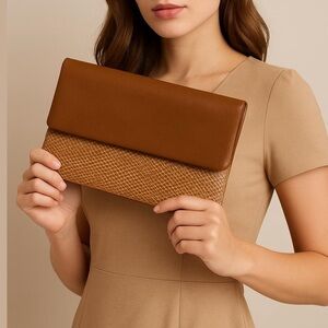 LOUENHIDE clutch purse wallet Brown & tan faux Leather zippered sections slots
